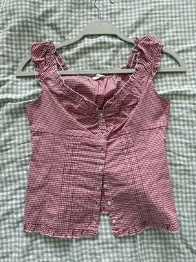 Brandy Melville Pink Gingham Ruffle Button Tank